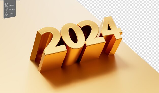 Gelukkig Nieuwjaar 2024 2024 Gouden glanzende 3D-letters geïsoleerd op gouden achtergrond 3D-illustratie