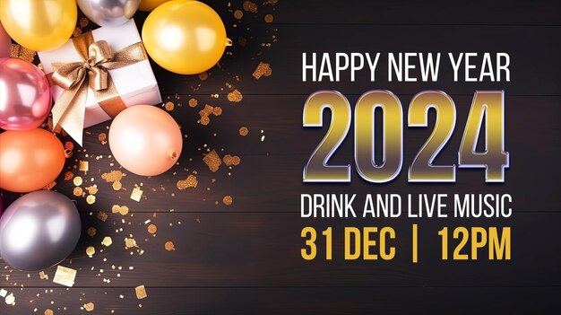 PSD gelukkig nieuwjaar 2024 achtergrond met ballon cadeau doos luxe kleurrijke achtergrond