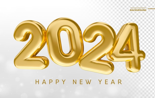 PSD gelukkig nieuwjaar 2024 in gouden 3d render met transparant achtergrondsjabloonontwerp