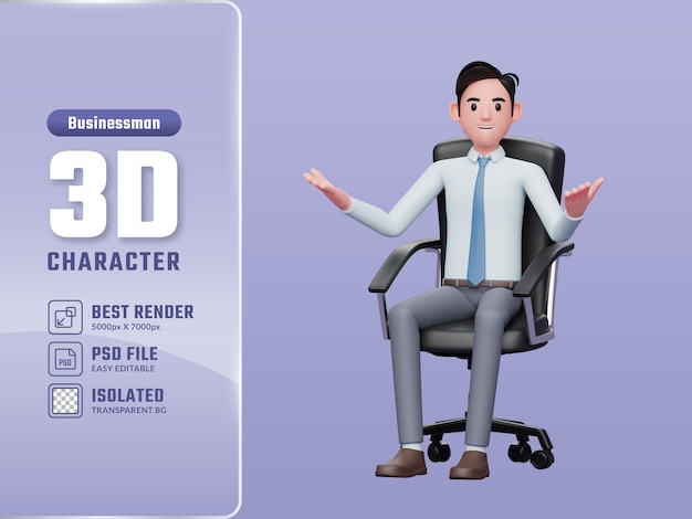 Gelukkig succesvolle zakenman met open handen zittend in bureaustoel 3d render character