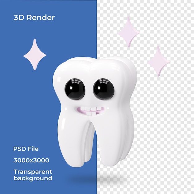 PSD gelukkig tand karakter geïsoleerd op transparante achtergrond 3d-rendering