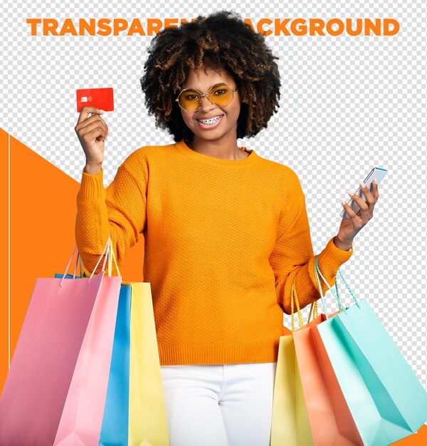 Gelukkige afro vrouw winkelen met creditcard