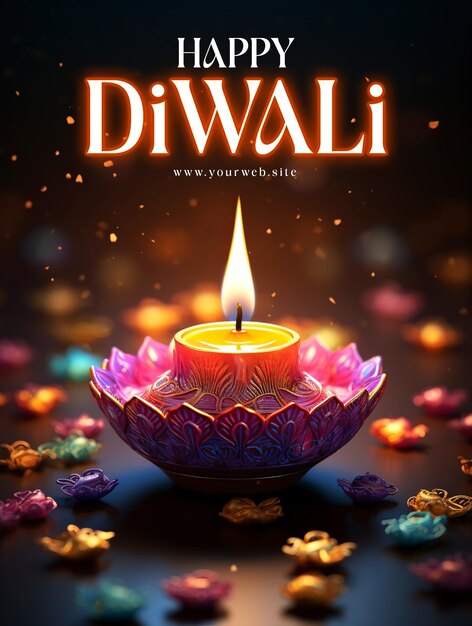 PSD gelukkige diwali achtergrond festival van lichten kleurrijke banner sjabloon ontwerp met decoratieve diya lamp