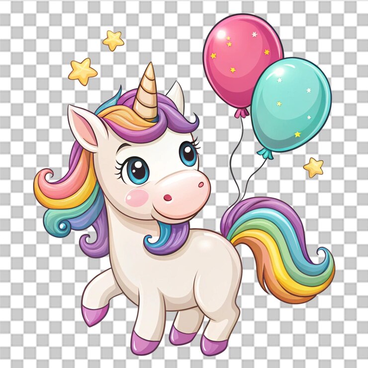 PSD gelukkige eenhoorn met ballon illustratie geïsoleerd op doorzichtige achtergrond