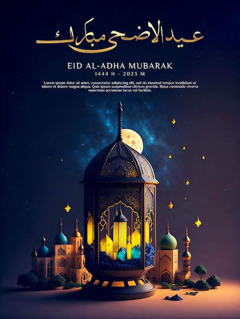 gelukkige eid al adha-poster met lantaarnachtergrond