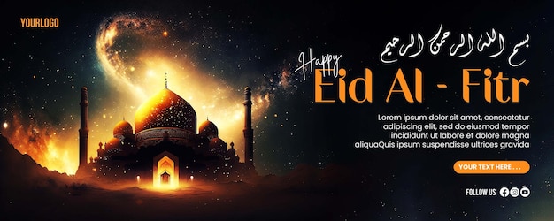 Gelukkige eid alfitr-banner met een moskee-achtergrond omgeven door goudpoeder