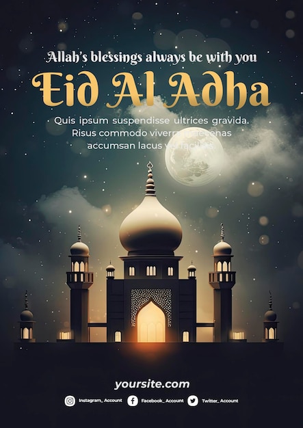 PSD gelukkige eid alfitr-poster met een achtergrond van lantaarns, maan en wolken