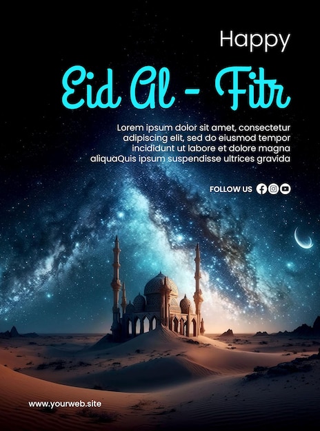 Gelukkige eid alfitr-poster met een moskeeachtergrond en het creatieve ai-beeld van de melkweghemel