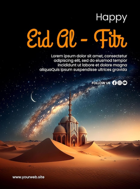 Gelukkige eid alfitr-poster met een moskeeachtergrond en het creatieve ai-beeld van de melkweghemel