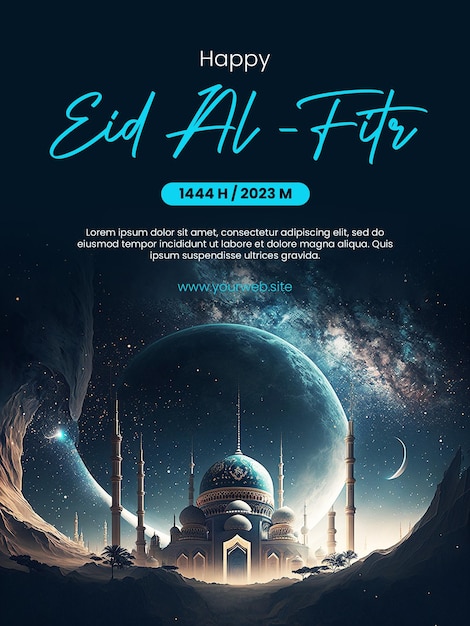 Gelukkige Eid AlFitr-poster met een moskeeachtergrond met een ruimtethema