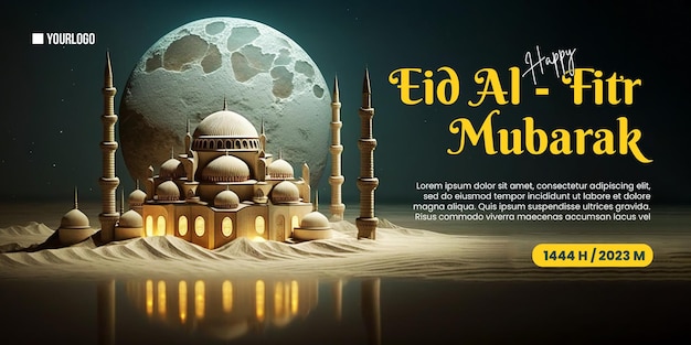 Gelukkige Eid AlFitr-poster met moskeeachtergrond