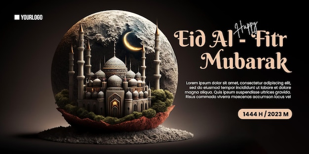 Gelukkige eid alfitr-poster met moskeeachtergrond