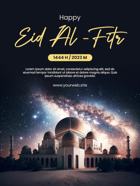 Gelukkige Eid AlFitr-poster met moskeeachtergrond