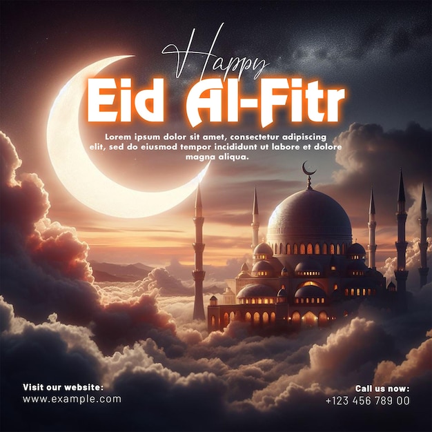 Gelukkige Eid Mubarak en Eid ul Fitr sociale media banner en poster met een achtergrond lantaarns en maan