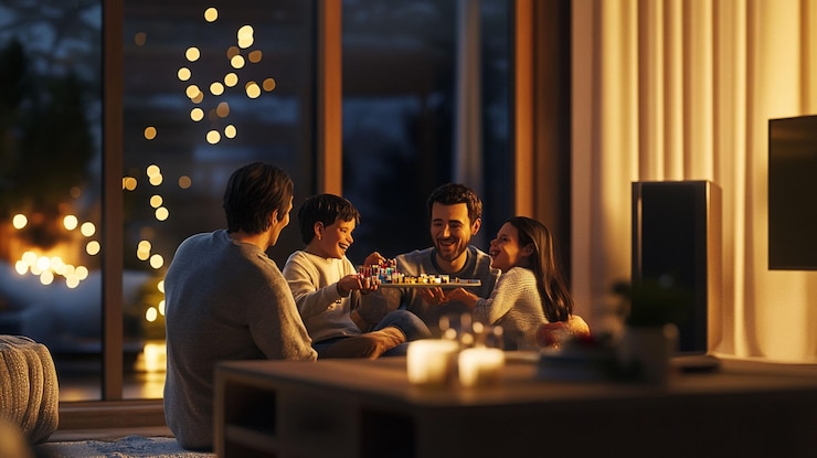 PSD gelukkige familie die samen genieten van snacks in een gezellige woonkamer's nachts