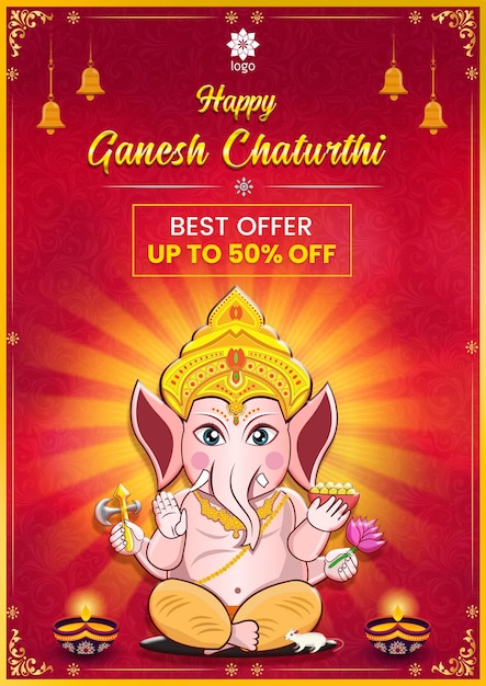 PSD gelukkige ganesh chaturthi-poster met aanbieding