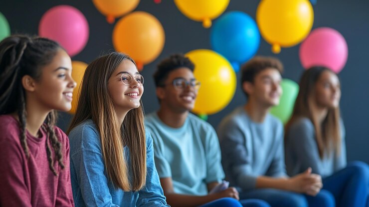 PSD gelukkige groep tieners die naar kleurrijke ballonnen kijken.