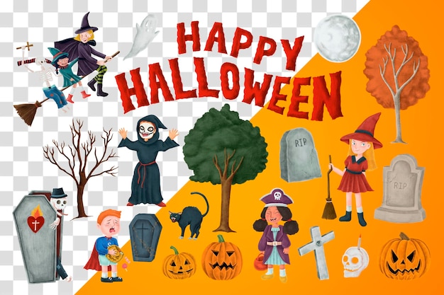 Gelukkige Halloween png sticker feestelijke set transparante achtergrond