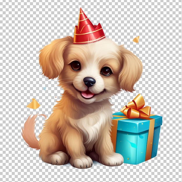 PSD gelukkige hond met geschenk en bot thema verjaardagsfeest hoed geïsoleerde dierlijke illustratie op doorzichtige achtergrond