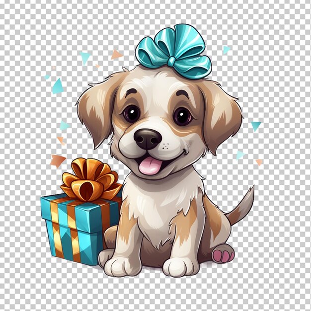 PSD gelukkige hond met geschenk en bot thema verjaardagsfeest hoed geïsoleerde dierlijke illustratie op doorzichtige achtergrond