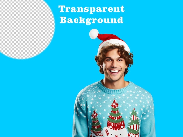 PSD gelukkige jonge man in kersttrui en kerstmanhoed op lichtblauwe achtergrond ruimte voor tekst