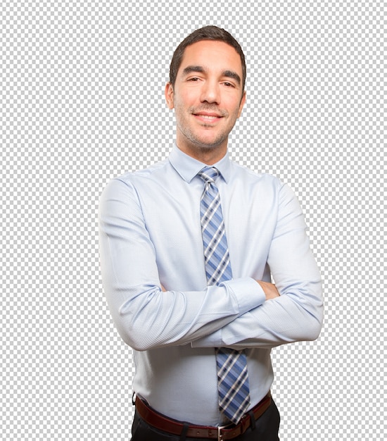 Gelukkige jonge man met een gebaar van voldoen