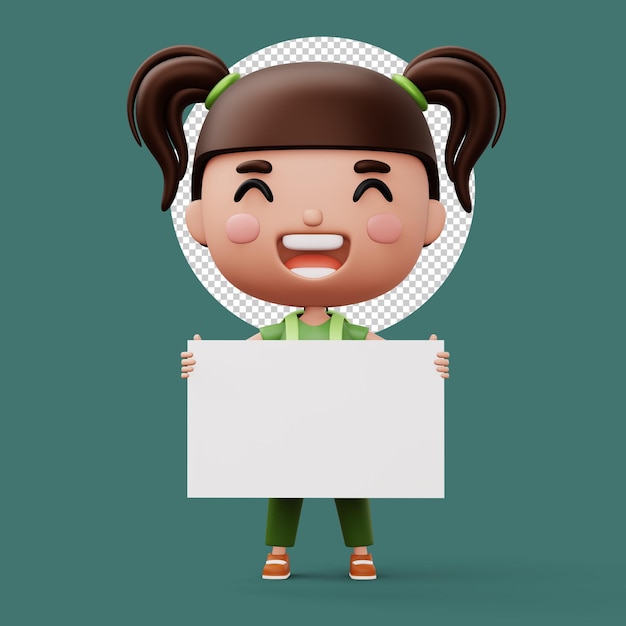 PSD gelukkige kind met tas met leeg whiteboard schattig meisje cartoon personage 3d rendering