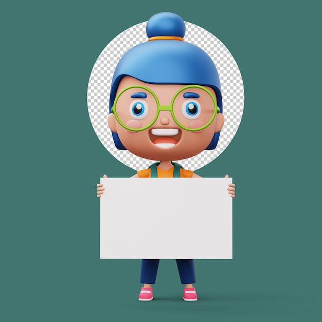 PSD gelukkige kind met tas met leeg whiteboard schattig meisje cartoon personage 3d rendering