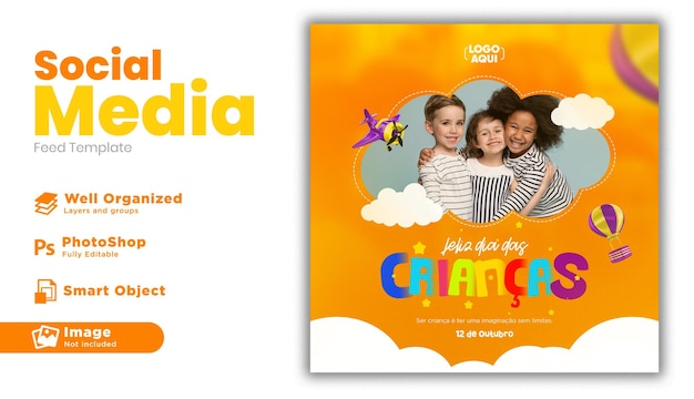 PSD gelukkige kinderdag post sociale media voor marketingcampagne in brazilië in het portugees