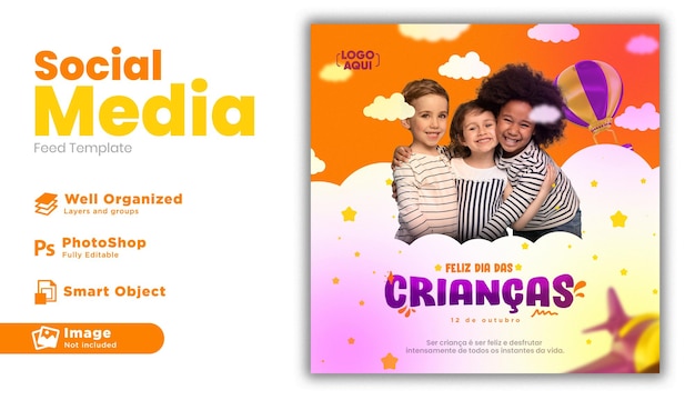 Gelukkige kinderdag post sociale media voor marketingcampagne in brazilië in het portugees