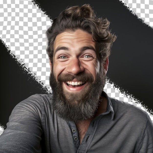 PSD gelukkige man met baard die een selfie maakt portret doorzichtige achtergrond