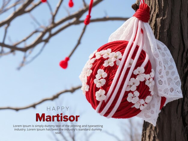 PSD gelukkige martisor die een rood en wit touwtje aan een boom hangt