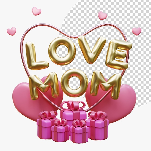 Gelukkige moederdag met Love Mom ballonwoorden en decoratie geschenkdoos hartvorm Feestelijke vakantieviering concept van liefde van moeders 3D-rendering