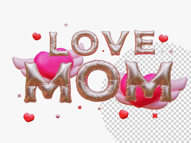 Gelukkige moederdag met Love Mom ballonwoorden en decoratie geschenkdoos vleugel hart Feestelijke vakantieviering concept van liefde van moeders 3D-rendering