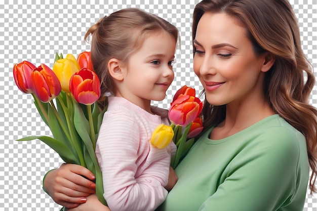 PSD gelukkige moederdag tevreden moeder met dochter geïsoleerd op een doorzichtige achtergrond