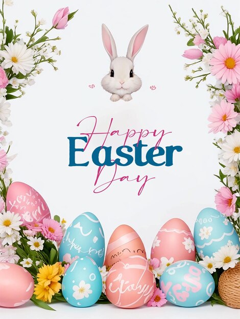 Gelukkige paasdag achtergrond met konijnenoren eieren en bloemen