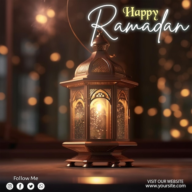 Gelukkige ramadan poster met een achtergrond van lantaarns maan en sterren