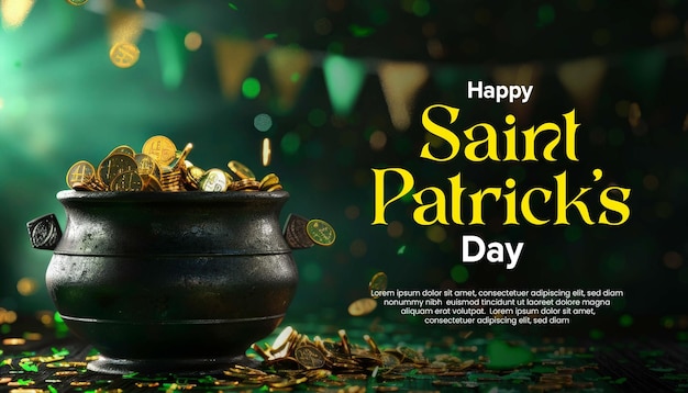 Gelukkige st. patrick's day sjabloon met zwarte pot en gouden munten ontwerp voor sociale media