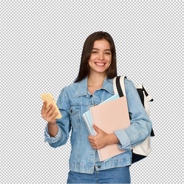Gelukkige student met telefoon en notitieboeken