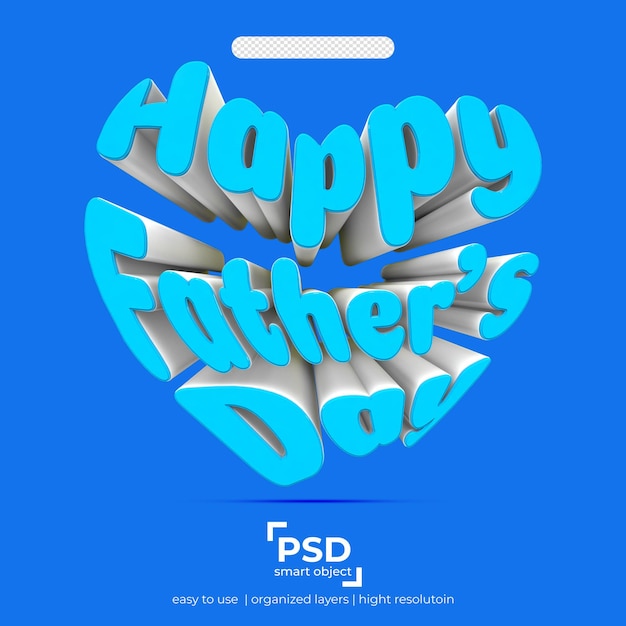PSD gelukkige vaderdag 3d-hartvorm op geïsoleerde achtergrond met witte blauwe kleur
