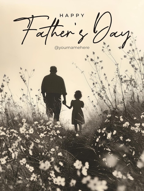 PSD gelukkige vadersdag poster sjabloon met silhouet van een vader en twee kinderen een jongen en een meisje