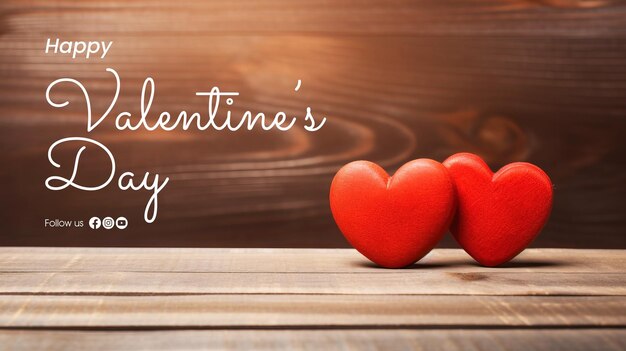 Gelukkige valentijnsdag banner sjabloon met twee rode harten op houten achtergrond