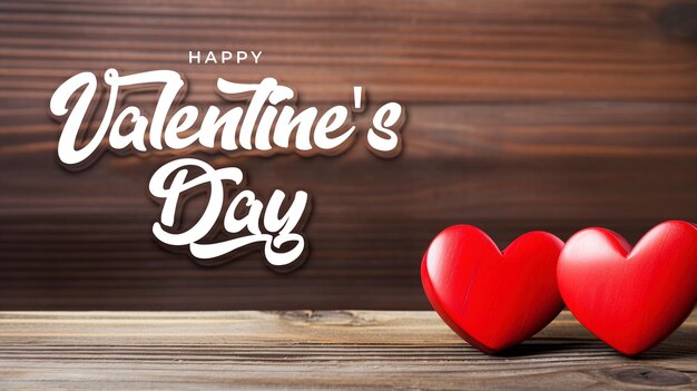 PSD gelukkige valentijnsdag banner sjabloon met twee rode harten op houten achtergrond