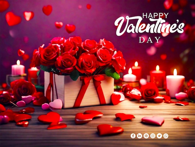 Gelukkige valentijnsdag rozen op rode achtergrond en geschenken horizontale compositie