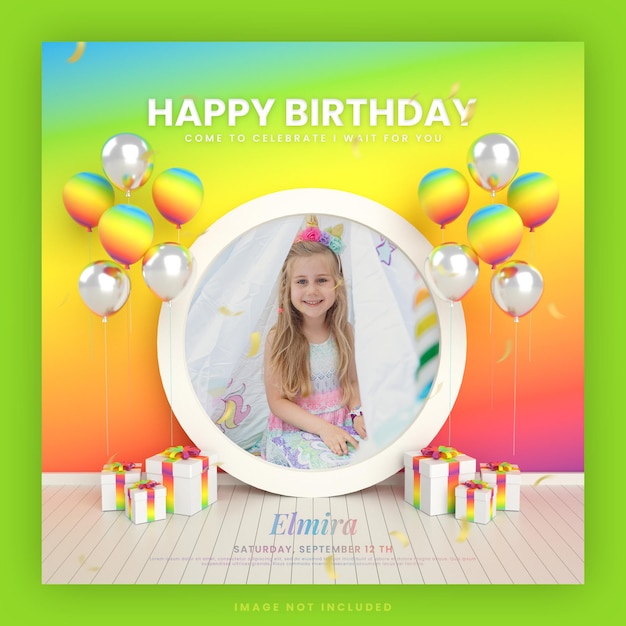 Gelukkige verjaardag uitnodigingskaart voor regenboog meisje kinderen instagram postsjabloon met frame mockup