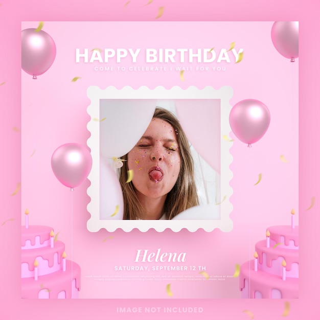 Gelukkige verjaardagstaart uitnodigingskaart voor roze instagram social media postsjabloon met mockup