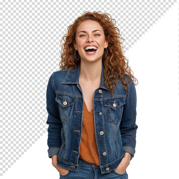 Gelukkige vrouw met krullend haar die lacht.