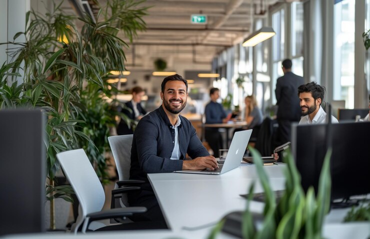 PSD gelukkige zakenman die aan zijn bureau zit met een laptop en naar de camera kijkt terwijl hij op kantoor staat