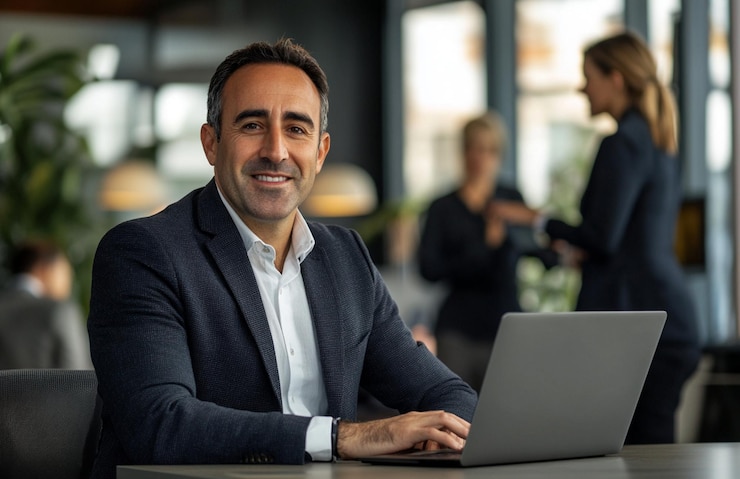 PSD gelukkige zakenman die aan zijn bureau zit met een laptop en naar de camera kijkt terwijl hij op kantoor staat