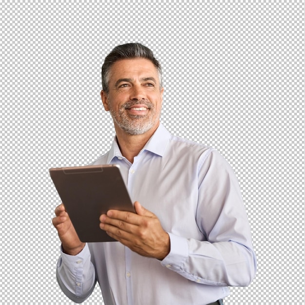 Gelukkige zakenman met een tablet die omhoog kijkt en glimlacht
